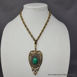 Gold Tone Chain Necklace With Shield Form Pendant