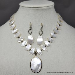 Mother Of Pearl & Sterling Silver Earring & Necklace Set