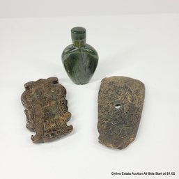 3 Chinese Nephrite Carvings & Snuff Bottle