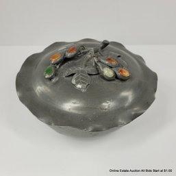 Antique Chinese Pewter Box Set With Jade & Carnelian Stones