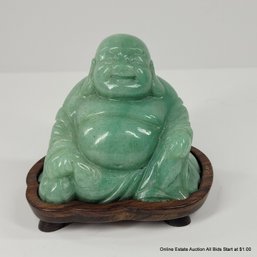 Vintage Chinese Aventurine Quartz Laughing Buddha On Stand