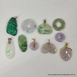 10 Jade & Malachite Pendants Some With 14k Gold Bails