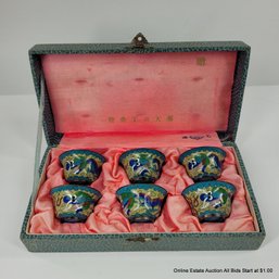 Set Of Chinese Cloisonne Dragon Wine Cups In Original Box