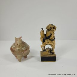 2 Chinese Carving Antique Soapstone Box & Figure On Deer