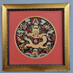 Chinese Embroidered Silk Dragon Panel In Gold Frame