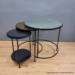 Wrought Iron Round Modern Nesting Tables Mirror, Metal & Marble Tops (LOCAL PICKUP ONLY)