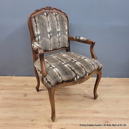 Faux Fur Oak Armchair With Floral Carved Details (LOCAL PICKUP ONLY)