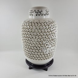 Large Chinese Pierced Porcelain Ginger Jar On Stand (LOCAL PICKUP ONLY)