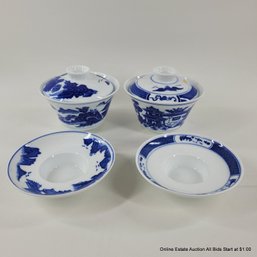 Set Of 2 Chinese Guy Wan Style Blue Willow Tea Cups In Box