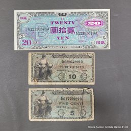 3 Vintage Military Currency Bank Notes