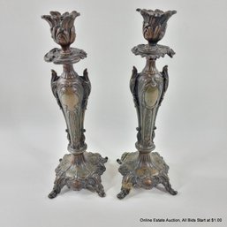 Pair Of French Cast Metal Candlesticks With Several Repairs