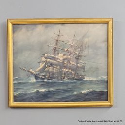 Vintage Offset Lithograph Of A Tall Ship Frank Vining Smith