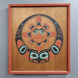 Carved & Painted Cedar Panel Everett A. Goenett Tlingit Raven & Sun 1991