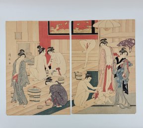 2 Japanese Woodblock Prints By Torii Kiyonaga Titled Bathhouse Women 1 & 2