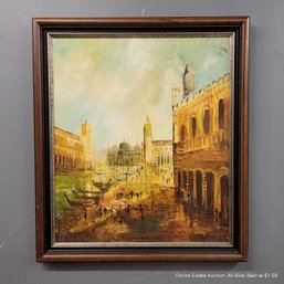 Vintage Oil On Canvas City Scene In Frame