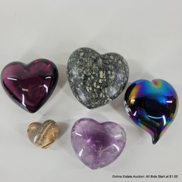 5 Glass Stone & Amethyst Heart Paperweights