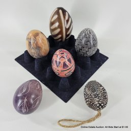 6 Stone Ceramic & Feathered Eggs