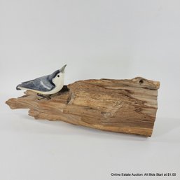 Carved Wood Nuthatch Bird On Wood Stand
