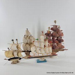 4 Vintage Tall Ships Made From Shells