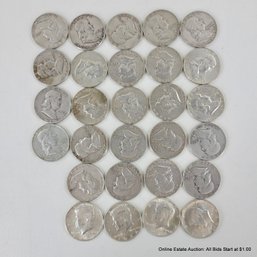 28 .900 Silver Half Dollars Includes 24 Franklin & 4 Kennedy  Ungraded & Circulated