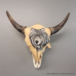 Buffalo Skull With Hand-painted Wolf Signed Pierce (LOCAL PICKUP ONLY)