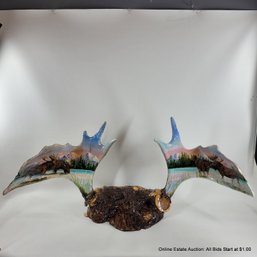 Painted Moose Antlers On Burl, Signed M. Oliver 1993 (LOCAL PICK UP OR UPS STORE SHIP ONLY)