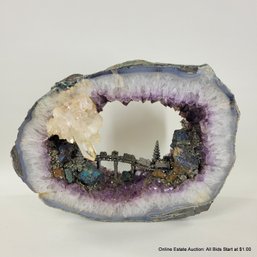 Large Amethyst And Quartz Geode With Cast Metal Mining Scene  (LOCAL PICKUP OR UPS STORE SHIP ONLY)