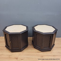 Pair Of Octagonal Side Tables With Storage And Stone Tops (LOCAL PICK UP ONLY)