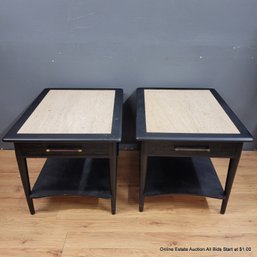 Pair Of Side Tables With Single Drawer And Stone Top (LOCAL PICK UP ONLY)