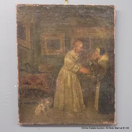 Antique Oil On Canvas Woman With Chamber Maid & Dog Unframed