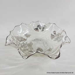 Glass Decorative Dish With Silver Overlay Floral Design And Rim