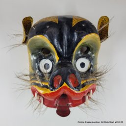 Whiskered Carved & Painted Mexican Mask With Tongue Sticking Out