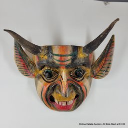 Horned Carved & Painted Mexican Mask