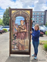 7.5 Foot Antique Stained Leaded Glass Classical Badminton Player Architectural Panel Window PICK UP OR FREIGHT