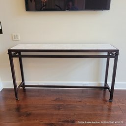 Patinated Steel Console Table With Travertine Look Inset Top (LOCAL PICKUP ONLY)