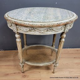 Antique Marble Top French Table With Caned Stretcher Shelf (LOCAL PICKUP ONLY)