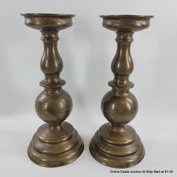 Pair Of Antique Spun Brass Candle Stands 12.5'H