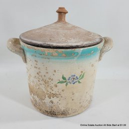 Antique Earthenware Lidded Crock With Floral Design