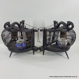 Pair Of Antique Chinese Birdcages With Porcelain Bowls