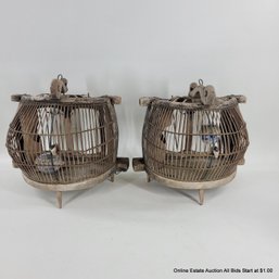 Pair Of Antique Chinese Bird Cages With Porcelain Bowls