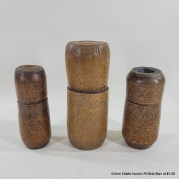 3 Vintage Indonesian Carved Bamboo Lidded Timor Lime Containers Boxes