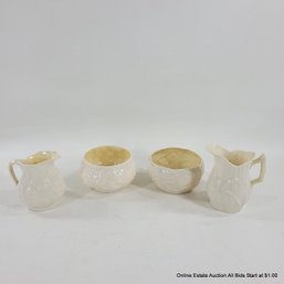 2 Belleek Cream And Sugar Bowls Green And Black Marks