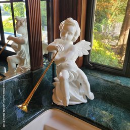 Custom-carved Carrera Marble Trumpet-playing Cherub (LOCAL PICK UP OR FREIGHT ONLY)