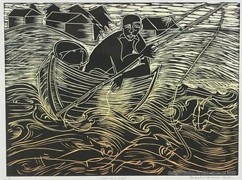 Barbara Earl Thomas Linocut Man In A Boat 2007 Signed & Numbered 1/10