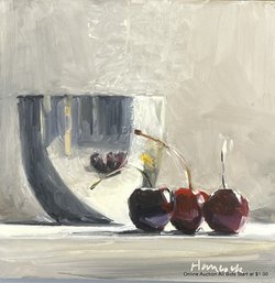 Gretchen Hancock Oil On Panel Silver Pot Three Sweet Cherries On Gray