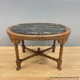 Marble Top Carved Mahogany Wood Table With Acanthus Leaf Apron And Barley Twist Legs (LOCAL PICKUP ONLY)
