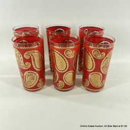 Six Red And Gold Paisley Tall Drinking Glasses