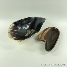 Vintage Water Buffalo Carved Horn Bowel With Etching On Bottom And Kamagong Wood Shallow Bowl