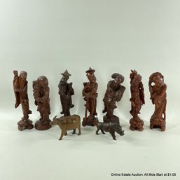 Carved Wooden Asian People And Animals Figurines