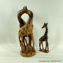 Kenyan Hand Carved Wood Giraffes, Two Pieces